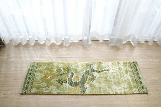 シルク緞通玄関マット 140Line Premium 吉祥龍 38×122cm  グリーン
