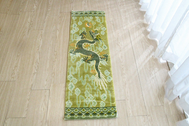 シルク緞通玄関マット 140Line Premium 吉祥龍 38×122cm  グリーン