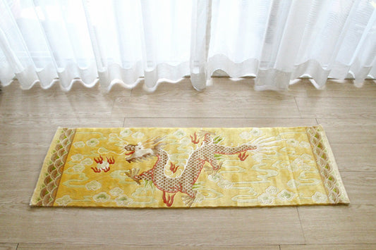 シルク緞通玄関マット 140Line Premium 吉祥龍 38×122cm イエロー