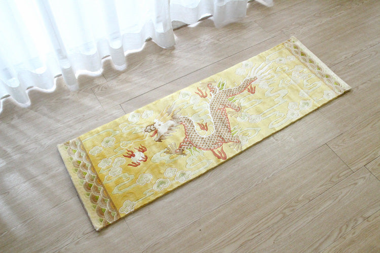 シルク緞通玄関マット 140Line Premium 吉祥龍 38×122cm イエロー